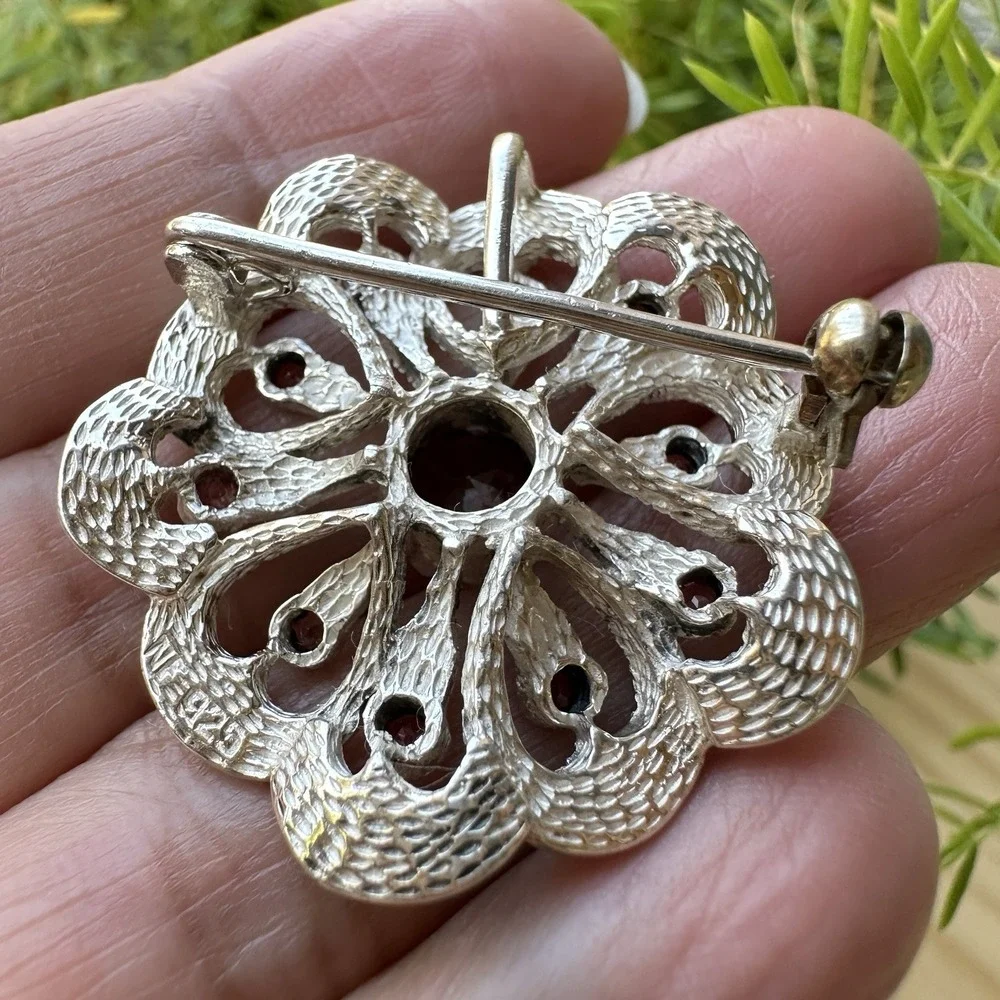 VTG Convertible Brooch Pendant 1.3 Inch Red Garnets Marcasite 925 Sterling 9.3g